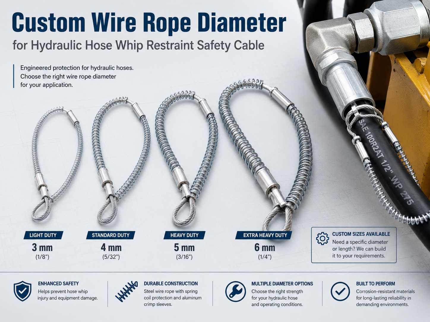 Custom wire rope diameter for υδραυλικό σύστημα συγκράτησης μαστιγών σωλήνων safety cable Custom wire rope diameter for υδραυλικό σύστημα συγκράτησης μαστιγών σωλήνων safety cable
