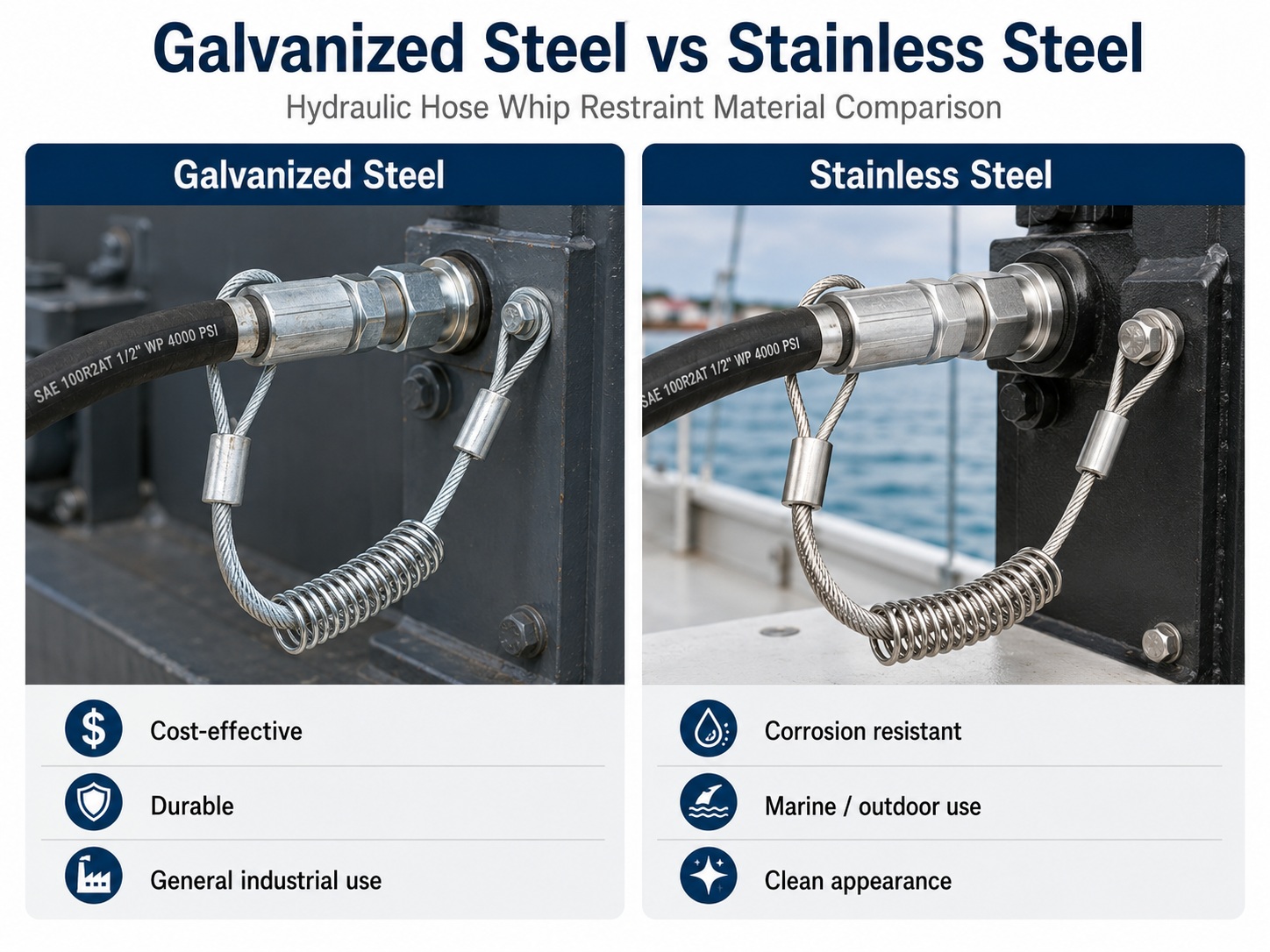 Galvanized steel and stainless steel υδραυλικό σύστημα συγκράτησης μαστιγών σωλήνων material comparison Galvanized steel and stainless steel υδραυλικό σύστημα συγκράτησης μαστιγών σωλήνων material comparison