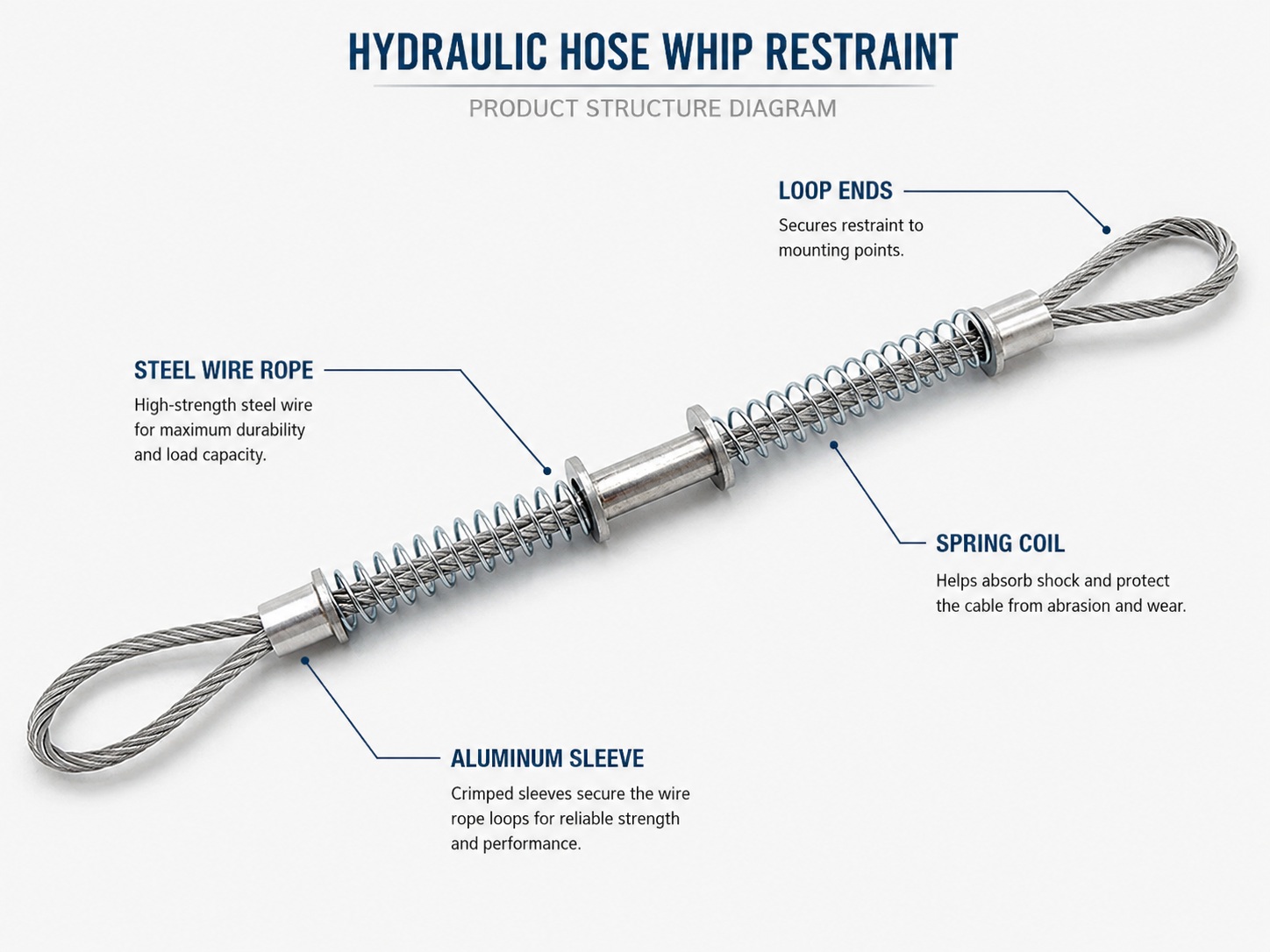 Hydraulic hose whip restraint structure with steel wire rope spring coil aluminum sleeve and loop ends Hydraulic hose whip restraint structure with steel wire rope spring coil aluminum sleeve and loop ends