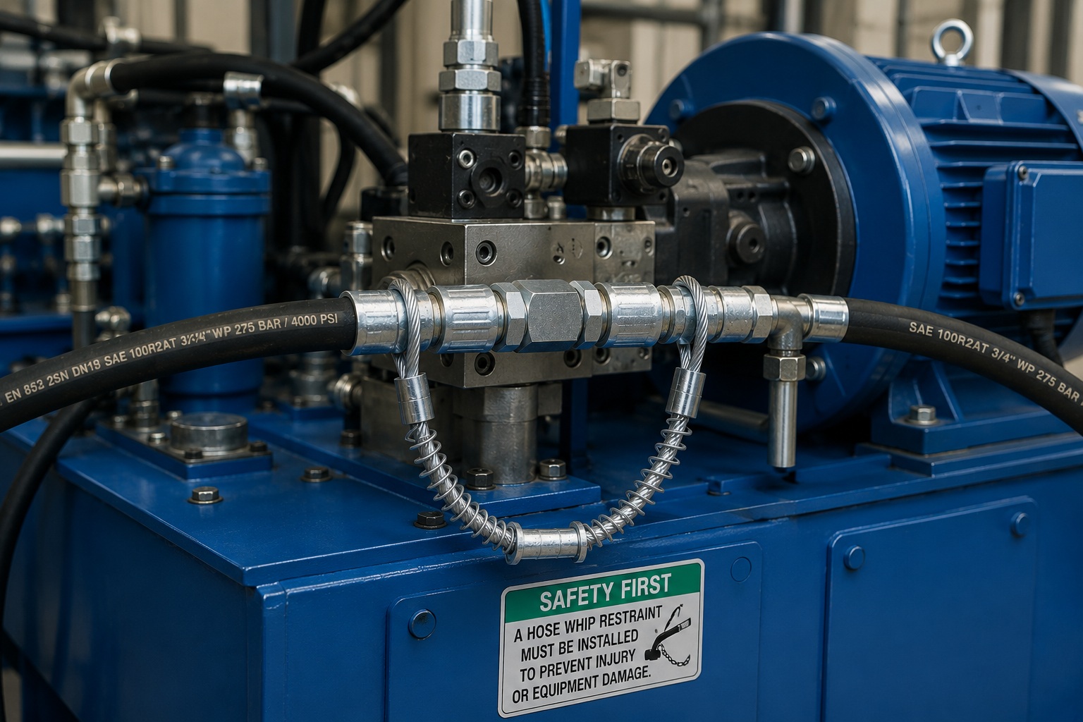 Υψηλό pressure hose restraint installed on industrial hydraulic power unit Υψηλό pressure hose restraint installed on industrial hydraulic power unit
